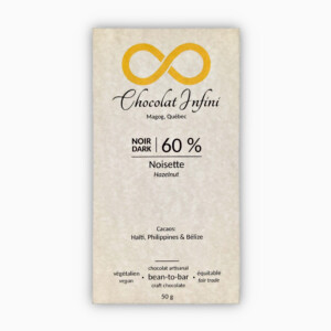 Picture of a hazelnut-flavoured 60 % dark chocolate bar.