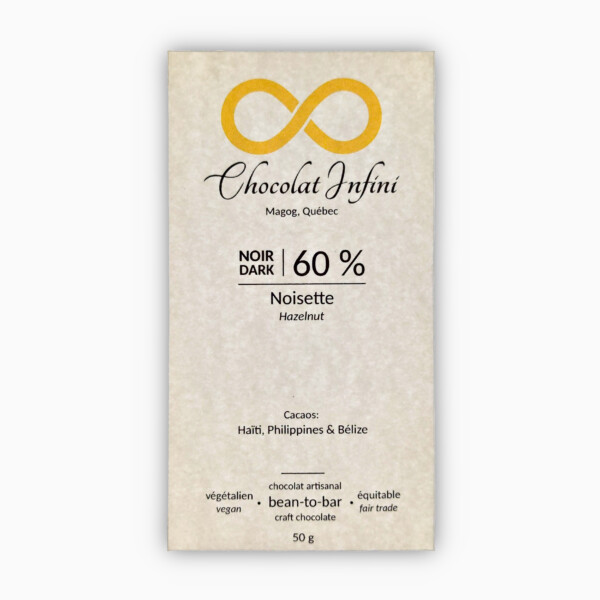 Picture of a hazelnut-flavoured 60 % dark chocolate bar.