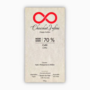 Picture of a coffee-flavoured 70 % dark chocolate bar.