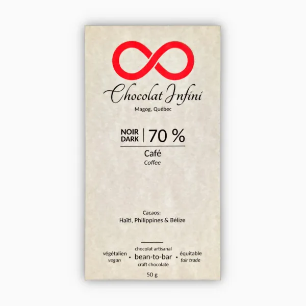 Picture of a coffee-flavoured 70 % dark chocolate bar.