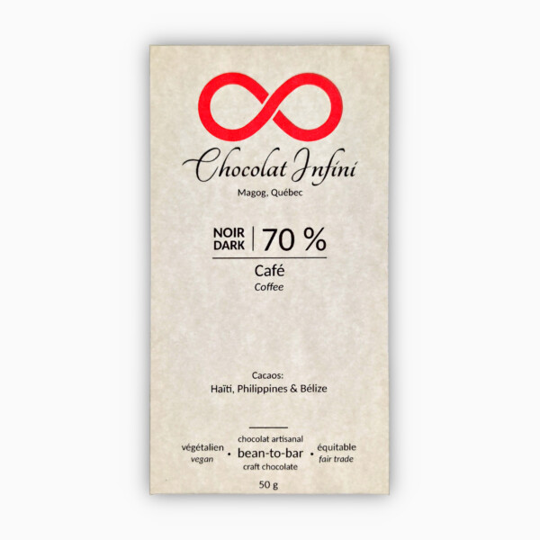 Picture of a coffee-flavoured 70 % dark chocolate bar.