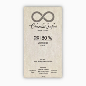 Picture of a classic-flavoured 80 % dark chocolate bar.
