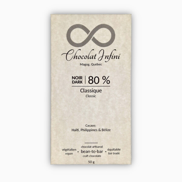 Picture of a classic-flavoured 80 % dark chocolate bar.
