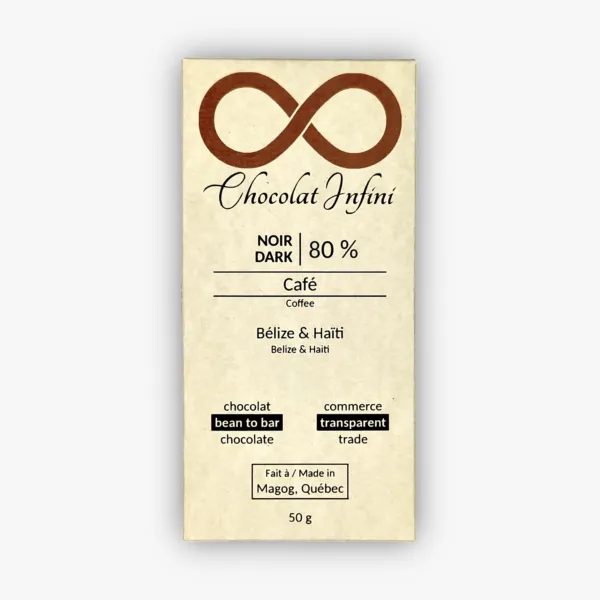 Picture of a coffee-flavoured 80 % dark chocolate bar.