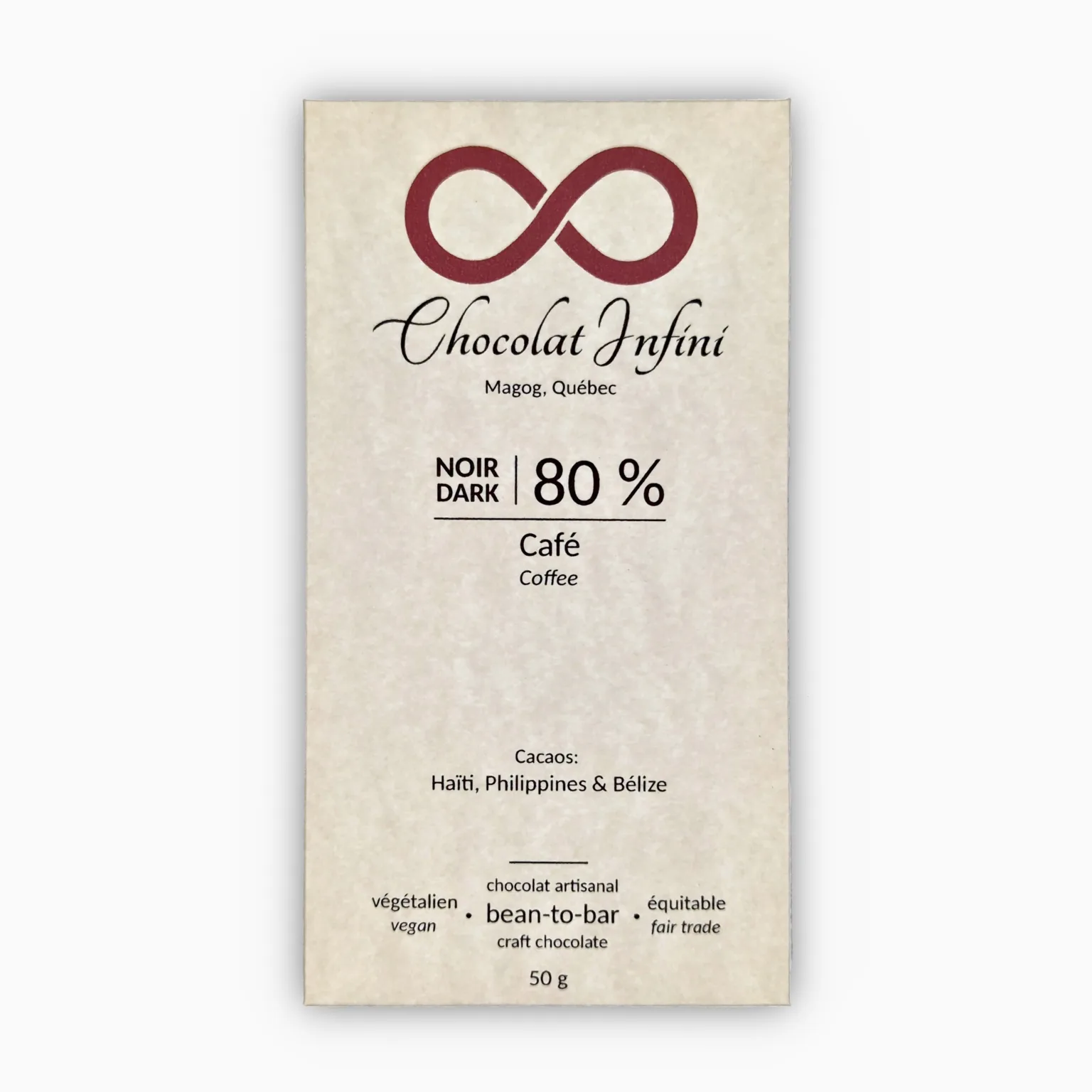 Picture of a coffee-flavoured 80 % dark chocolate bar.