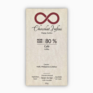 Picture of a coffee-flavoured 80 % dark chocolate bar.