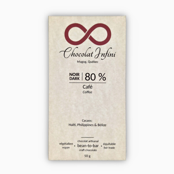 Picture of a coffee-flavoured 80 % dark chocolate bar.