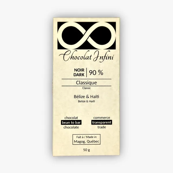 Picture of a classic-flavoured 90 % dark chocolate bar.