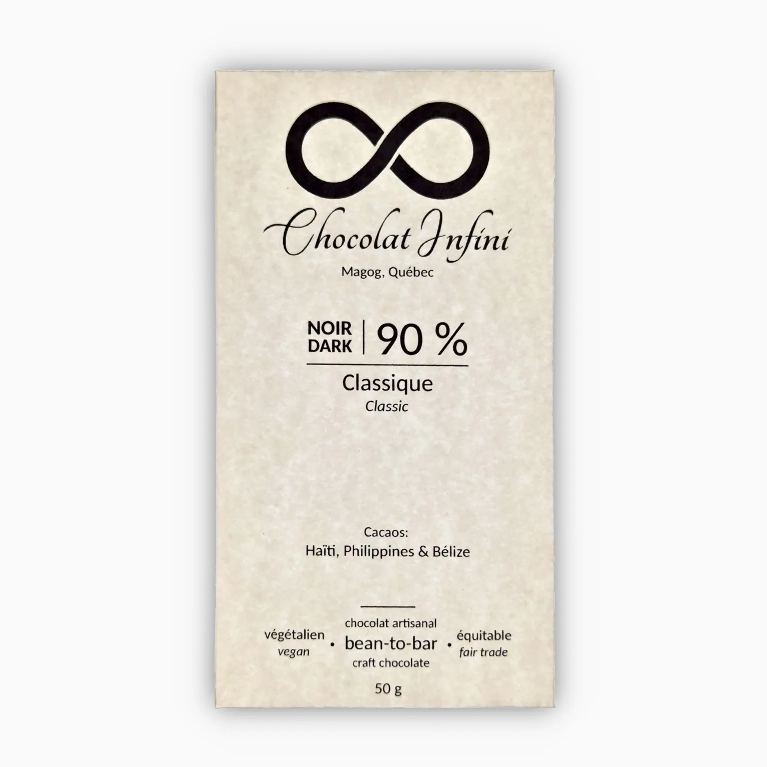 Picture of a classic-flavoured 90 % dark chocolate bar.