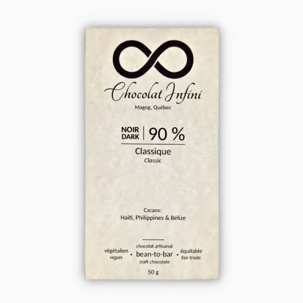 Picture of a classic-flavoured 90 % dark chocolate bar.